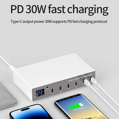 Punjač Stanica OEM WLX-X6P, 140W, 3A, 6 x USB-C, Srebrna