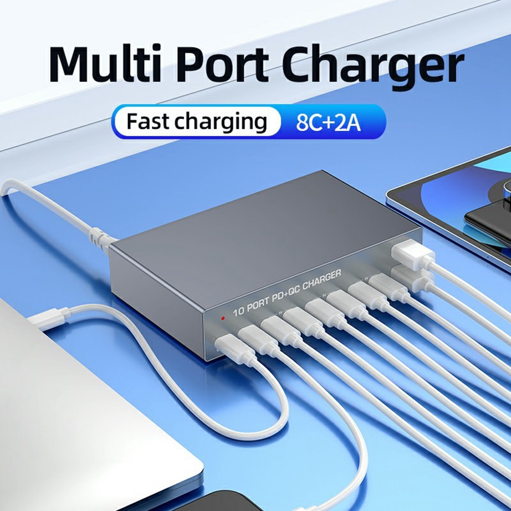 Punjač Stanica OEM WLX-X6Y, 140W, 5A, 2 x USB-A - 8 x USB-C, Srebrni