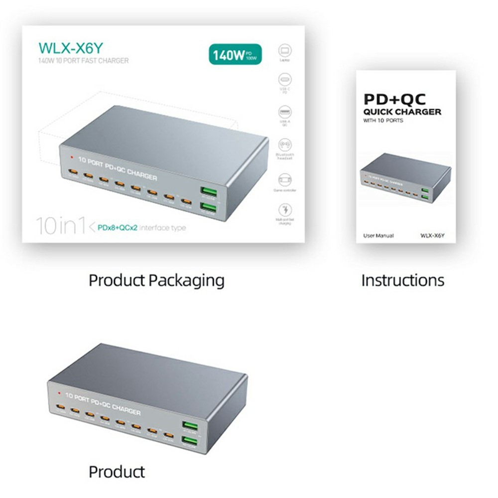 Punjač Stanica OEM WLX-X6Y, 140W, 5A, 2 x USB-A - 8 x USB-C, Srebrni