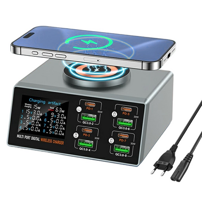 Punjač Stanica OEM WLX-X9S QI, 140W, 3A, 4 x USB-A - 4 x USB-C, Srebrna