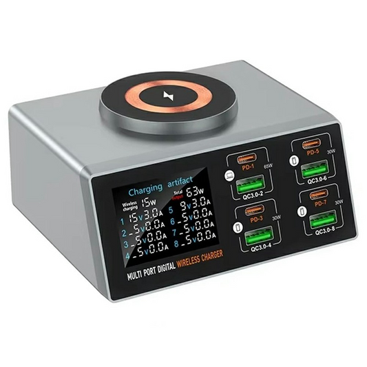 Punjač Stanica OEM WLX-X9S QI, 140W, 3A, 4 x USB-A - 4 x USB-C, Srebrna