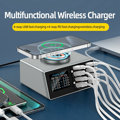 Punjač Stanica OEM WLX-X9S QI, 140W, 3A, 4 x USB-A - 4 x USB-C, Srebrna