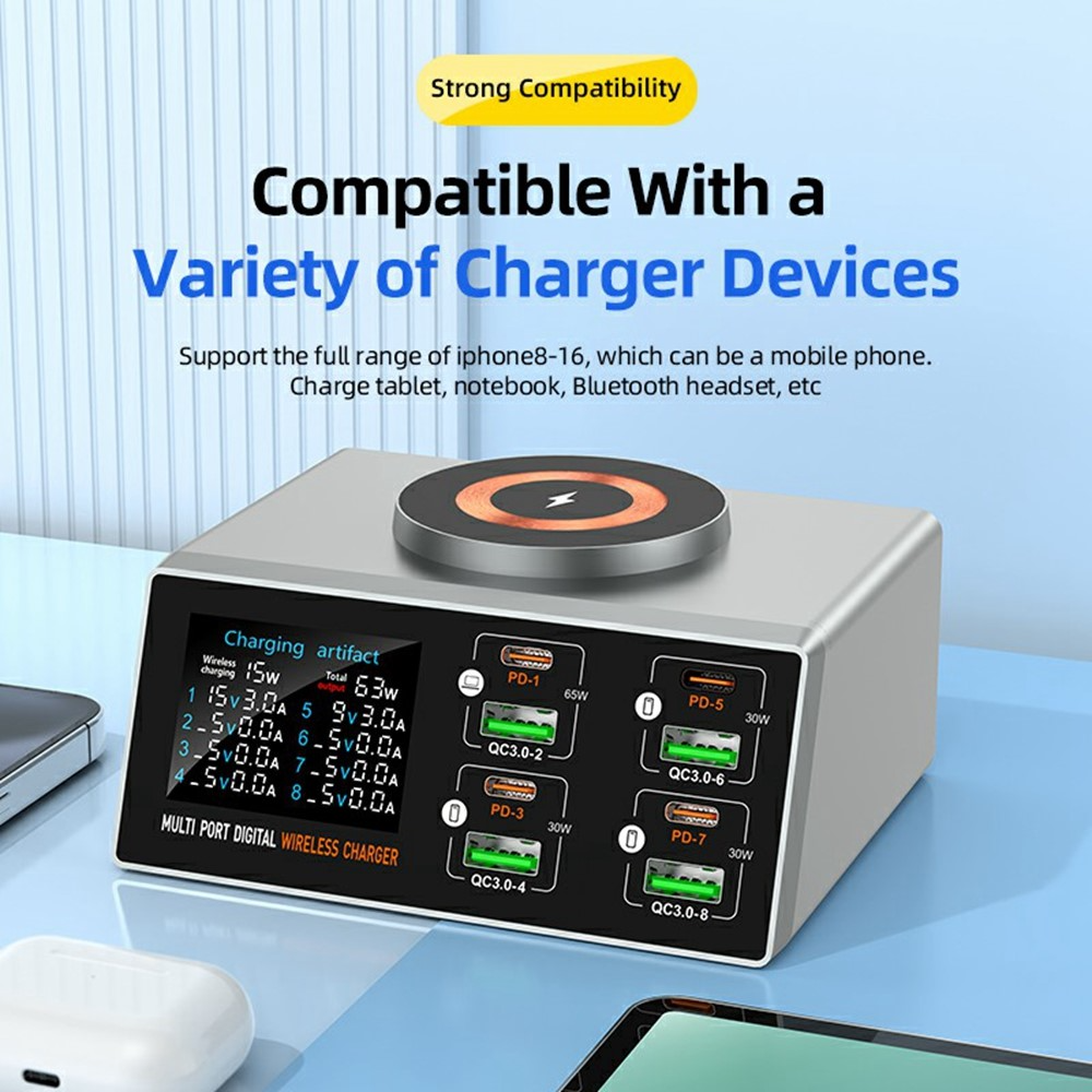Punjač Stanica OEM WLX-X9S QI, 140W, 3A, 4 x USB-A - 4 x USB-C, Srebrna
