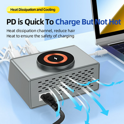Punjač Stanica OEM WLX-X9S QI, 140W, 3A, 4 x USB-A - 4 x USB-C, Srebrna