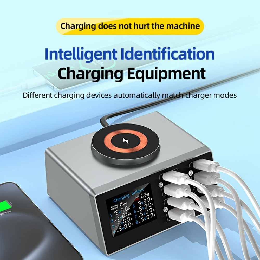 Punjač Stanica OEM WLX-X9S QI, 140W, 3A, 4 x USB-A - 4 x USB-C, Srebrna