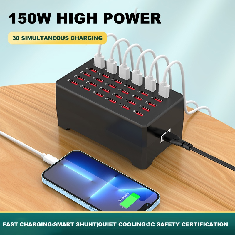 Punjač Stanica OEM WT-268, 150W, 2.4A, 30 x USB-A, Crna