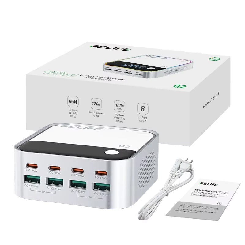 Punjač Stanica Relife Q2, 120W, 5A, 4 x USB-A - 4 x USB-C, Srebrni