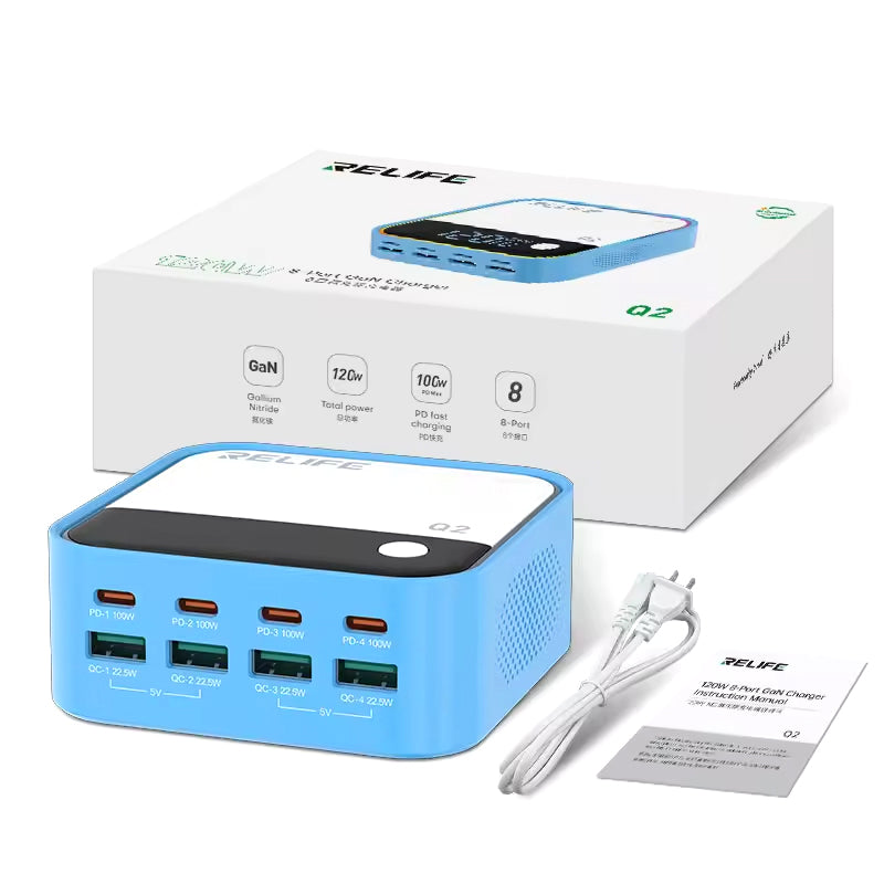 Punjač Stanica Relife Q2, 120W, 5A, 4 x USB-A - 4 x USB-C, Plava