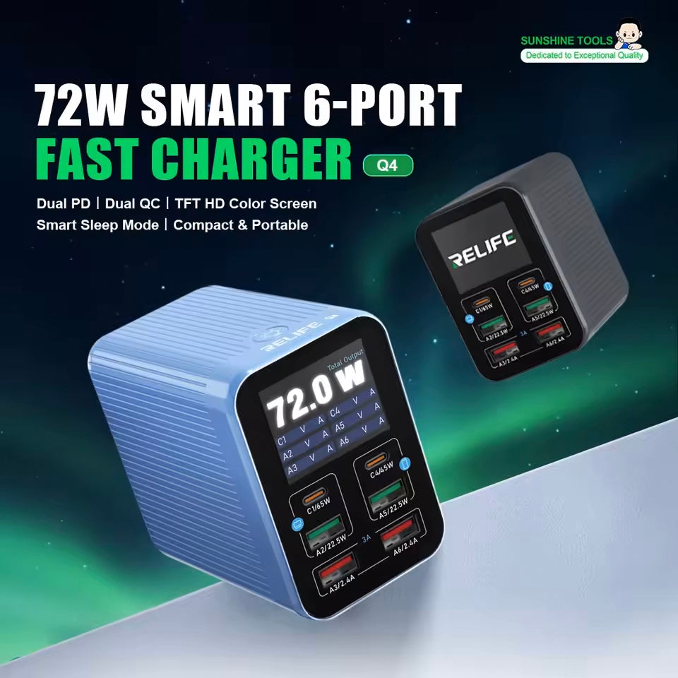 Punjač Stanica Relife Q4, 72W, 5A, 2 x USB-C - 4 x USB-A, Plava