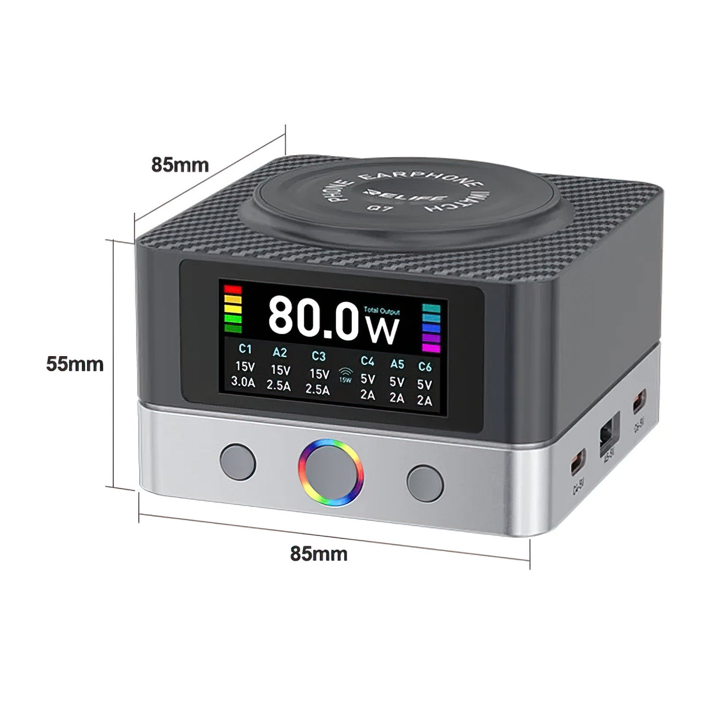 Punjač Stanica Relife Q7 QI, 80W, 3.25A, 2 x USB-A - 4 x USB-C, Siva
