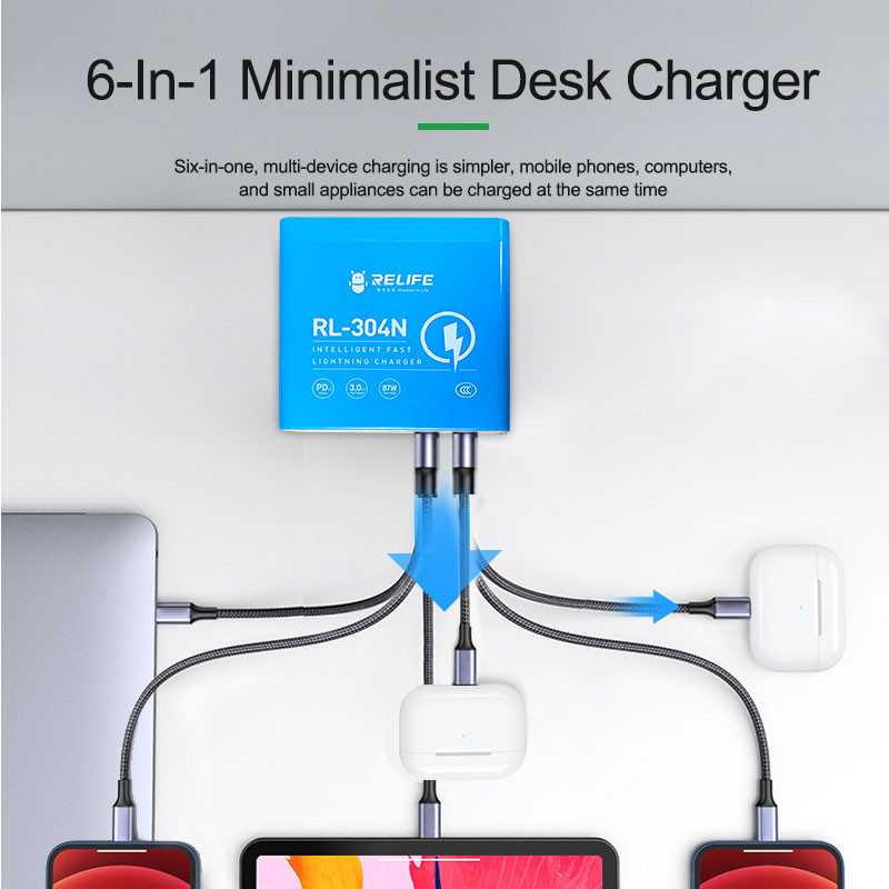 Punjač Stanica Relife RL-304N, 87W, 3A, 2 x USB-C - 4 x USB-A, Plava