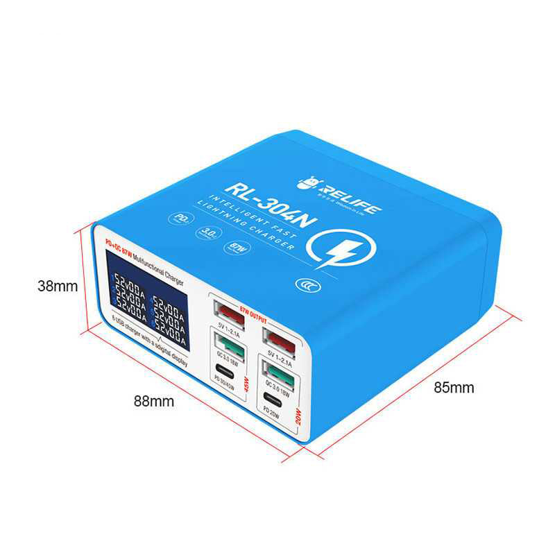 Punjač Stanica Relife RL-304N, 87W, 3A, 2 x USB-C - 4 x USB-A, Plava