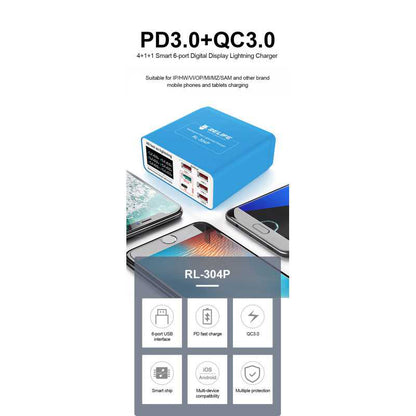 Punjač Stanica Relife RL-304P, 40W, 3A, 1 x USB-C - 5 x USB-A, Plava