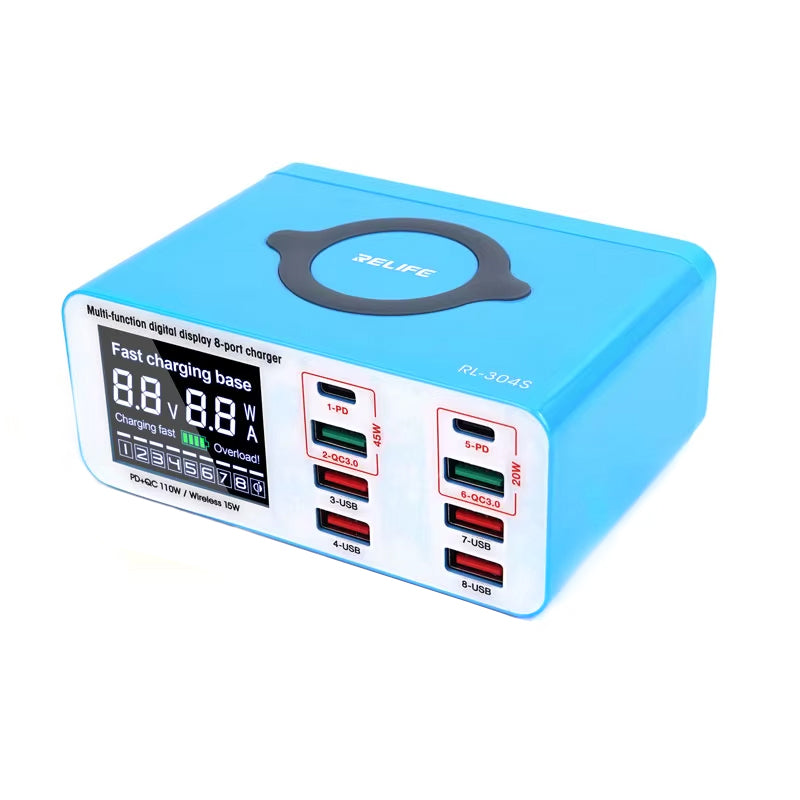 Punjač Stanica Relife RL-304S QI, 110W, 3A, 2 x USB-C - 6 x USB-A, Plava