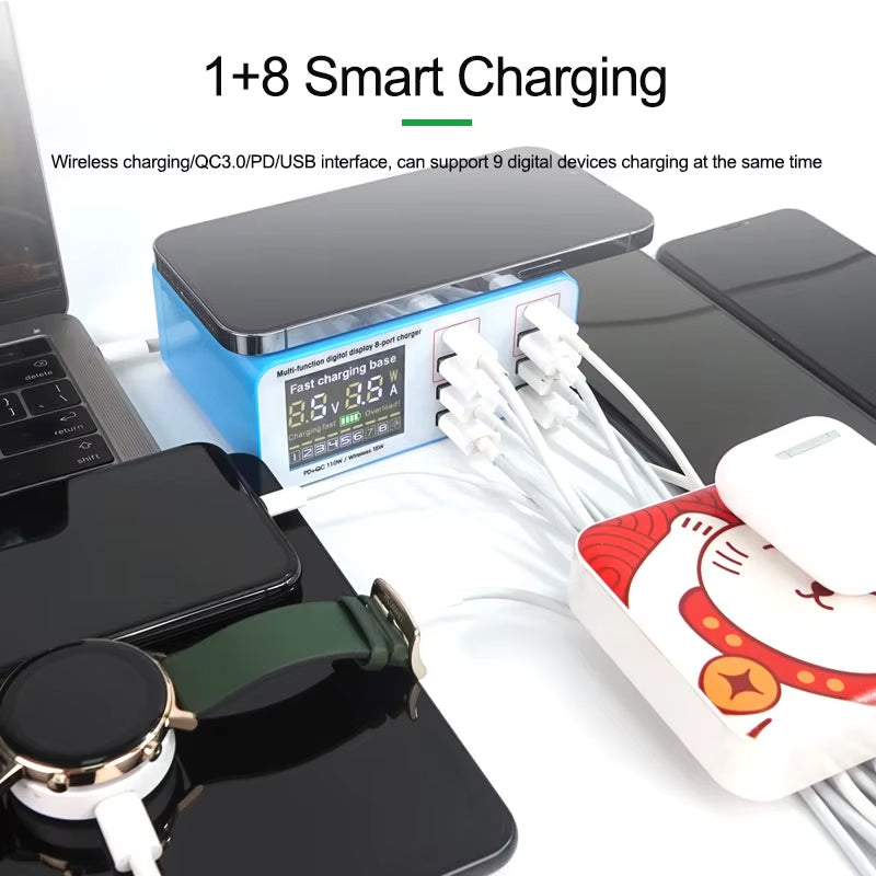 Punjač Stanica Relife RL-304S QI, 110W, 3A, 2 x USB-C - 6 x USB-A, Plava