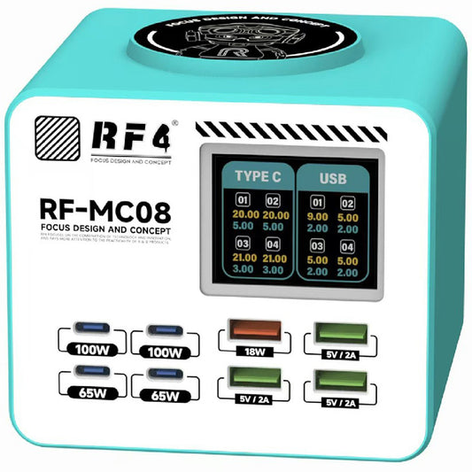 Punjač Stanica RF4 RF-MC08, 150W, 5A, 4 x USB-A - 4 x USB-C, Tirkizna