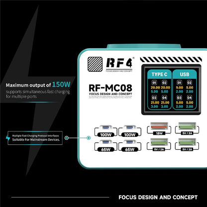 Punjač Stanica RF4 RF-MC08, 150W, 5A, 4 x USB-A - 4 x USB-C, Tirkizna