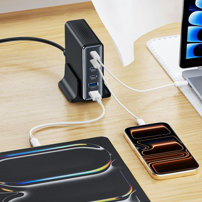 Punjač Stanica Tech-Protect DC160W-GAN, 160W, 5A, 2 x USB-A - 4 x USB-C, Crna