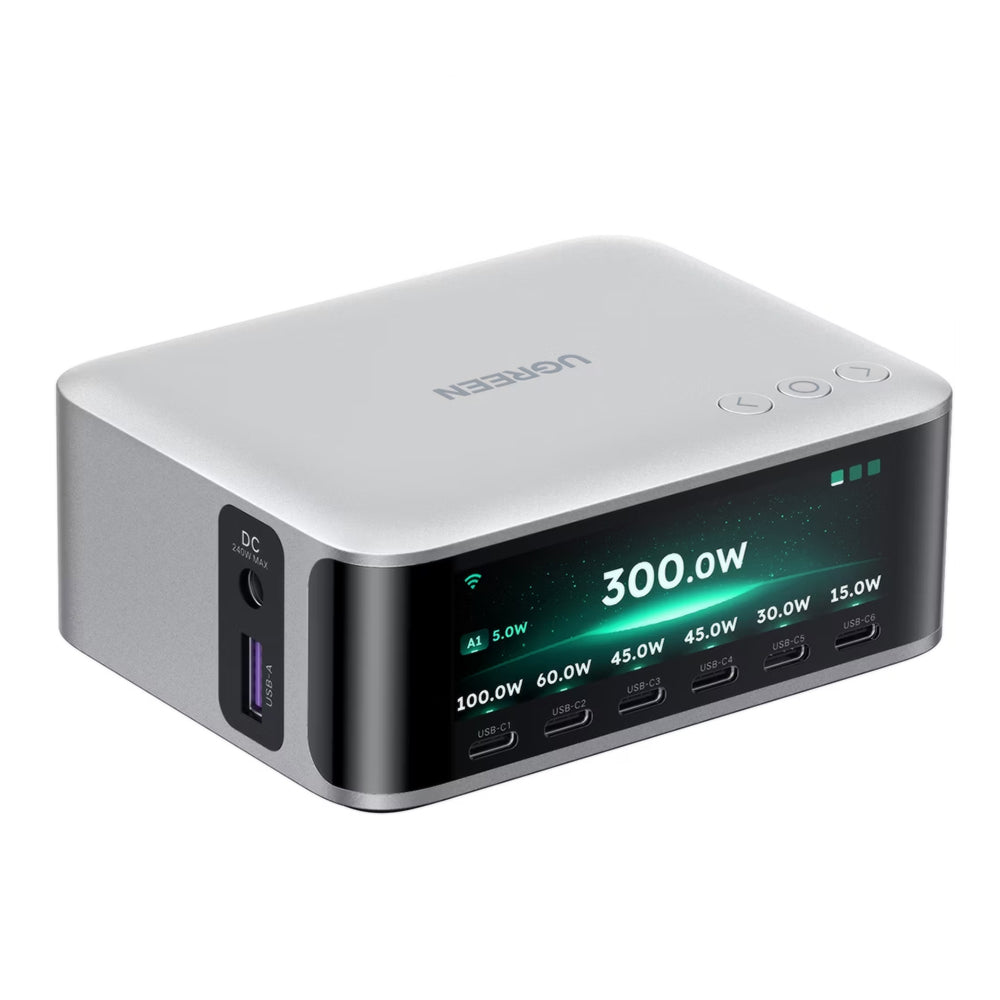 Punjač UGREEN Nexode Pro X783 (75753B) s zaslonom, 300 W, 5 A, 1 x USB-A – 6 x USB-C – 1 x DC, sivi