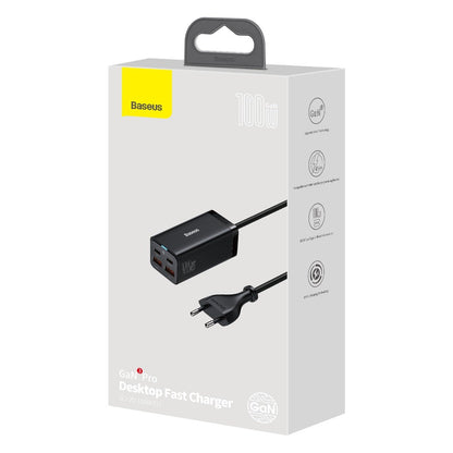 Punjač Stanica USB-C Baseus GaN3 Pro, 100W, 5A, 2 x USB-A - 2 x USB-C, Crna, Ponovno zapakirano CCGP000101