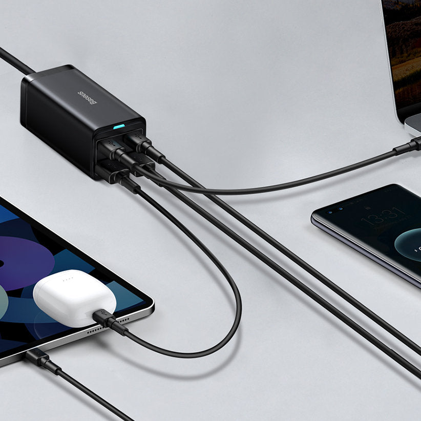 Punjač Stanica USB-C Baseus GaN3 Pro, 100W, 5A, 2 x USB-A - 2 x USB-C, Crna, Ponovno zapakirano CCGP000101