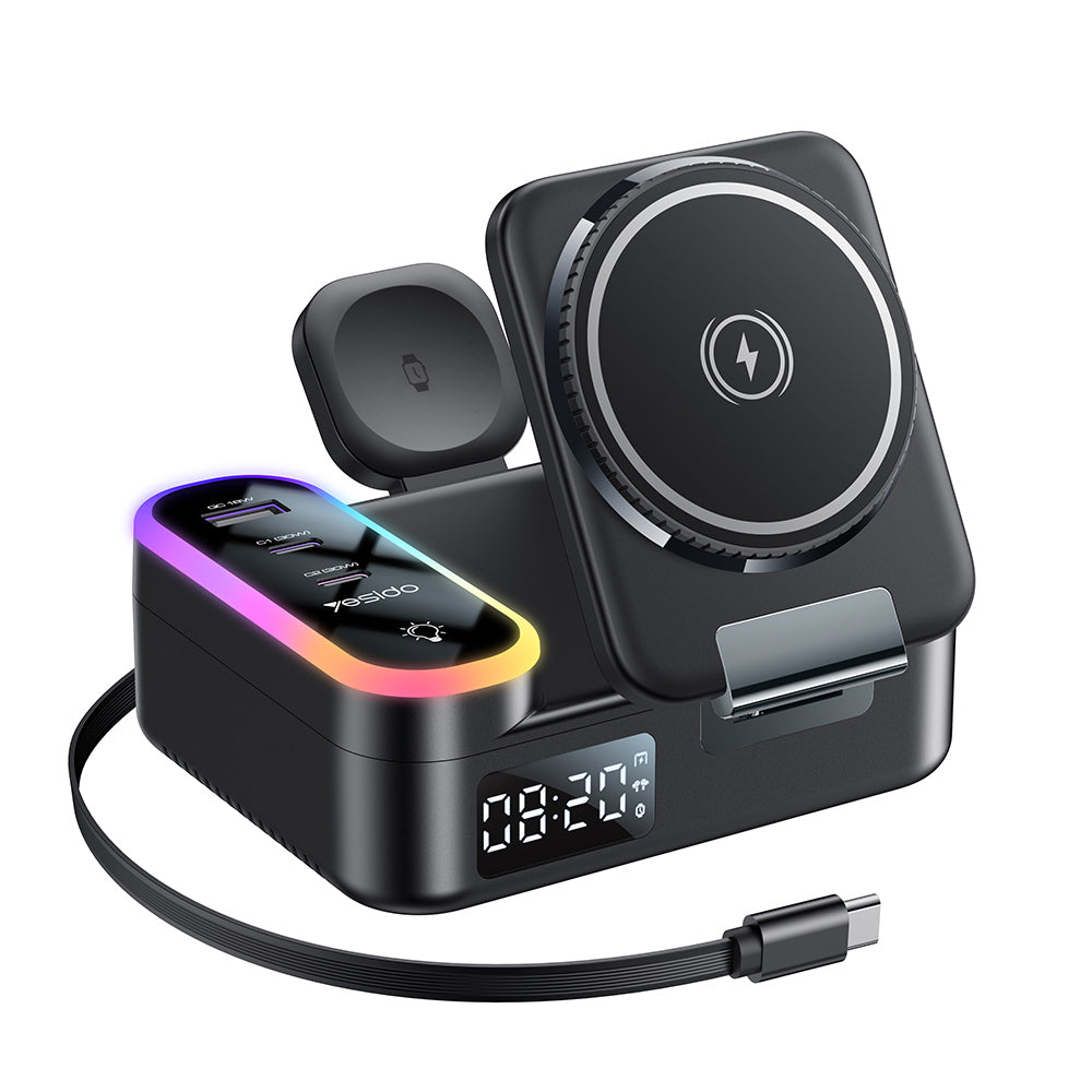 Punjač Stanica Yesido DS38 Display QI 3u1, 65W, 3A, 1 x USB-A - 2 x USB-C, Crna