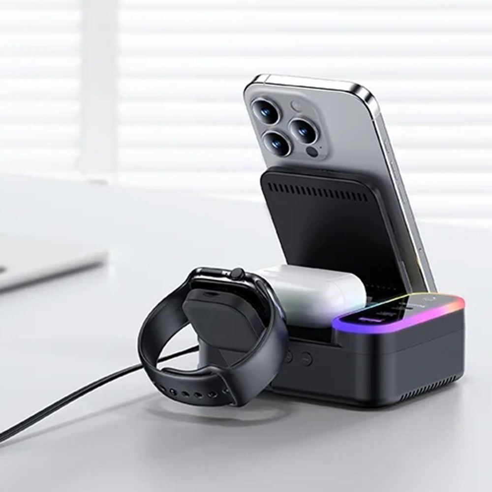 Punjač Stanica Yesido DS38 Display QI 3u1, 65W, 3A, 1 x USB-A - 2 x USB-C, Crna