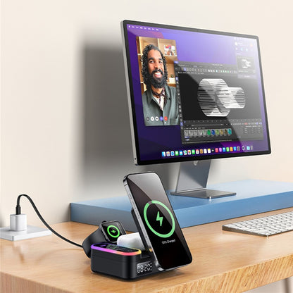 Punjač Stanica Yesido DS38 Display QI 3u1, 65W, 3A, 1 x USB-A - 2 x USB-C, Crna