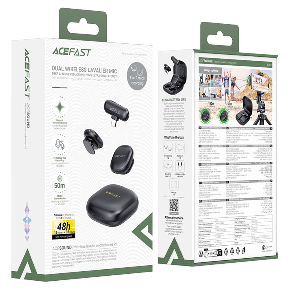 Lavaliera Acefast R1, USB-C, Set 2 komada, Crna