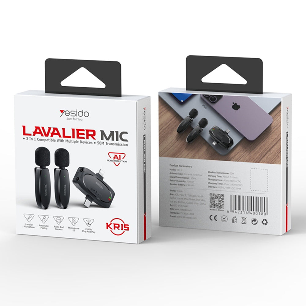 Lavaliera Yesido KR15, USB-C / Lightning, Set 2 komada, Crna