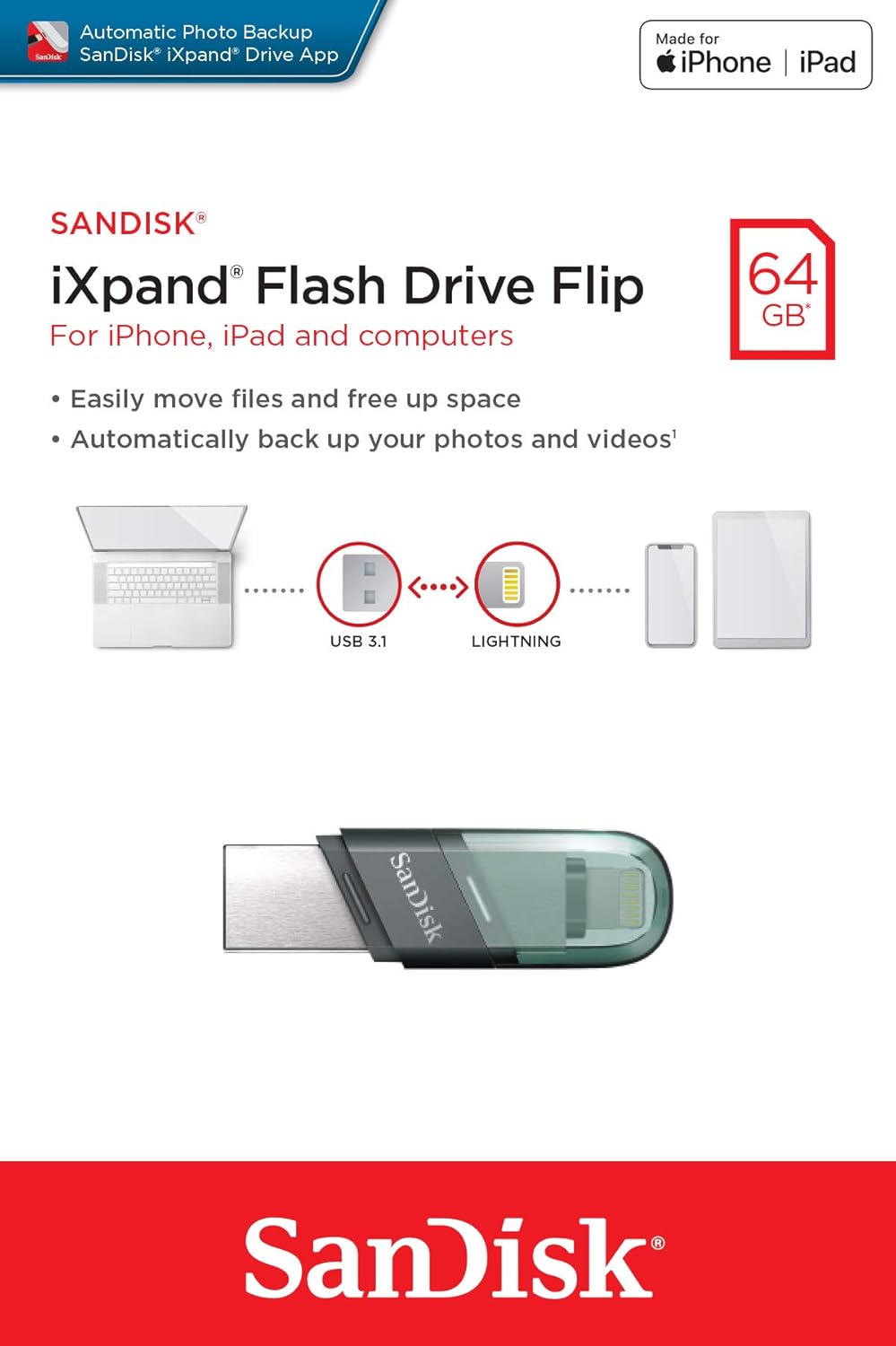 Vanjska memorija USB-A 3.1 / Lightning SanDisk iXpand Flip, 64Gb SDIX90N-064G-GN6NN