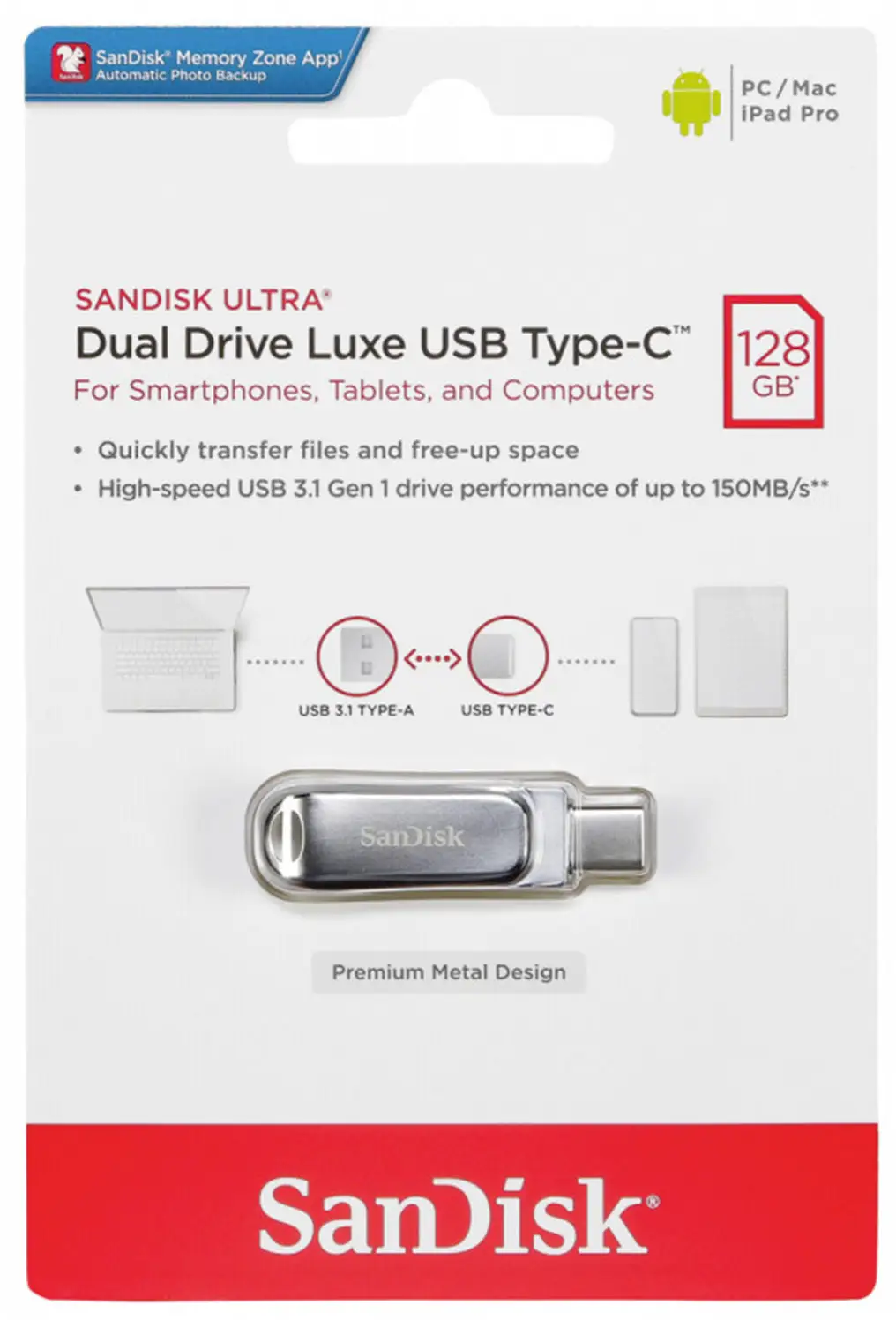 Vanjska memorija USB-A 3.2 / USB-C SanDisk Ultra Luxe Dual Drive, 128Gb SDDDC4-128G-G46
