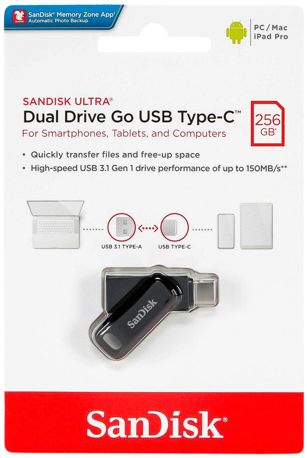 Vanjska memorija USB-A 3.2 / USB-C SanDisk Ultra Dual Go, 256Gb SDDDC3-256G-G46