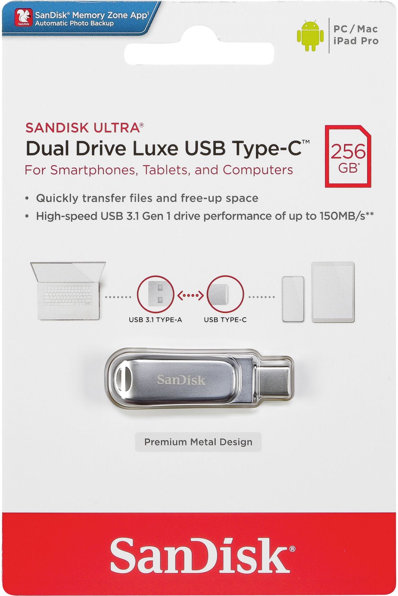 Vanjska memorija USB-A 3.2 / USB-C SanDisk Ultra Luxe Dual Drive, 256Gb SDDDC4-256G-G46