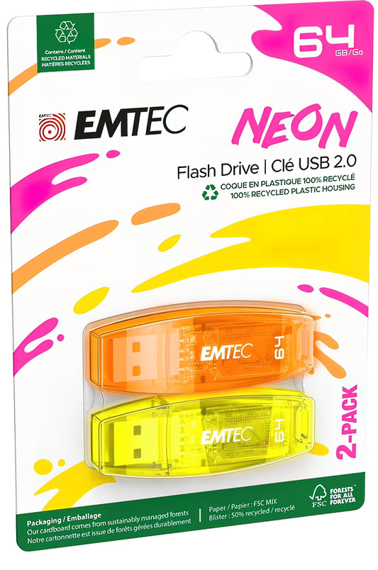 Vanjska memorija USB-A Emtec C410 Neon, 64Gb, Set 2 komada ECMMD64GC41
