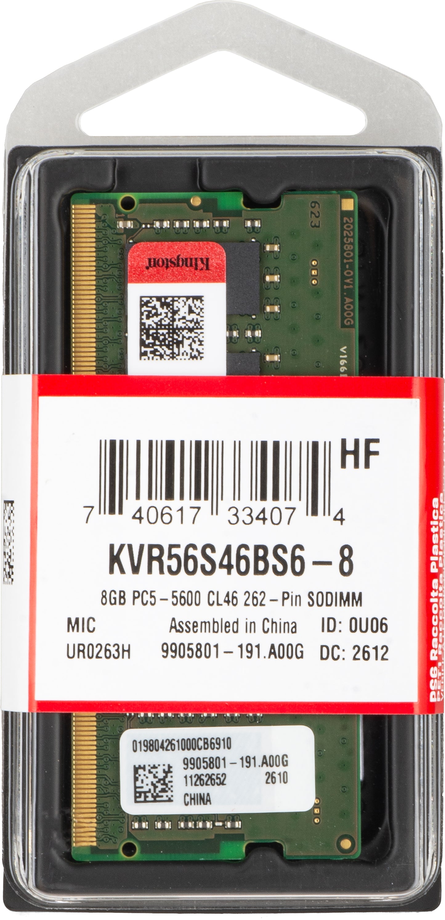 Memorija RAM Kingston, DDR5 SODIMM, 8GB, 5600Mhz KVR56S46BS6-8