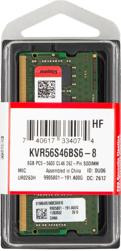 Memorija RAM Kingston, DDR5 SODIMM, 8GB, 5600Mhz KVR56S46BS6-8