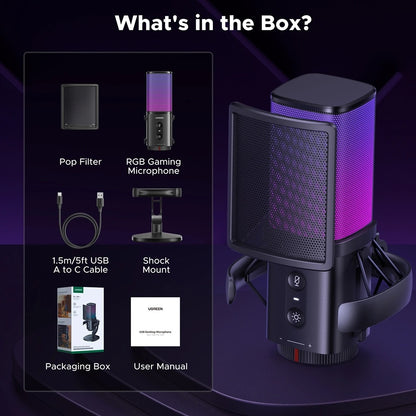 Mikrofon Cardioid UGREEN CM581 (65629), RGB, USB-C, 1.5m, Crni