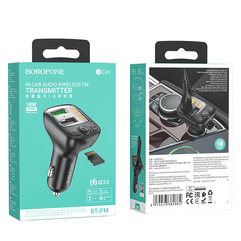 FM Bluetooth modulator Borofone BC41 Eminency, 2 x USB-A - 1 x microSD