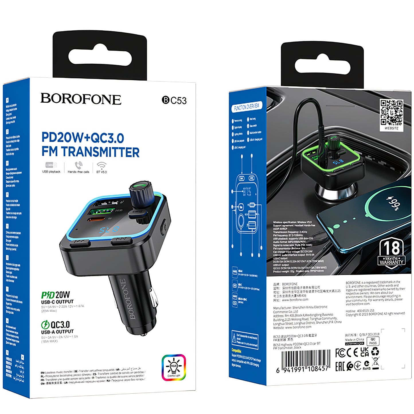 FM Bluetooth modulator Borofone BC53 Highway, 2 x USB-A - 1 x USB-C