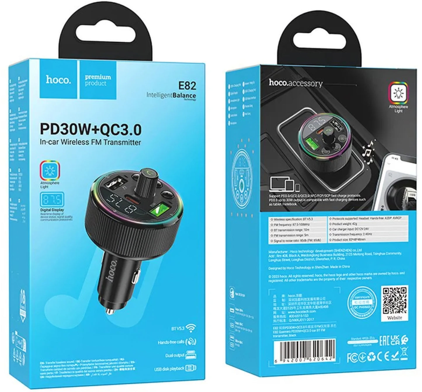 FM Bluetooth modulator HOCO E82, 2 x USB-A - 1 x USB-C