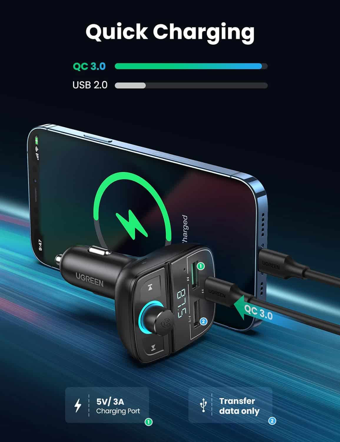 FM Bluetooth modulator UGREEN CD229, 2 x USB-A - 1 x USB-C - 1 x microSD