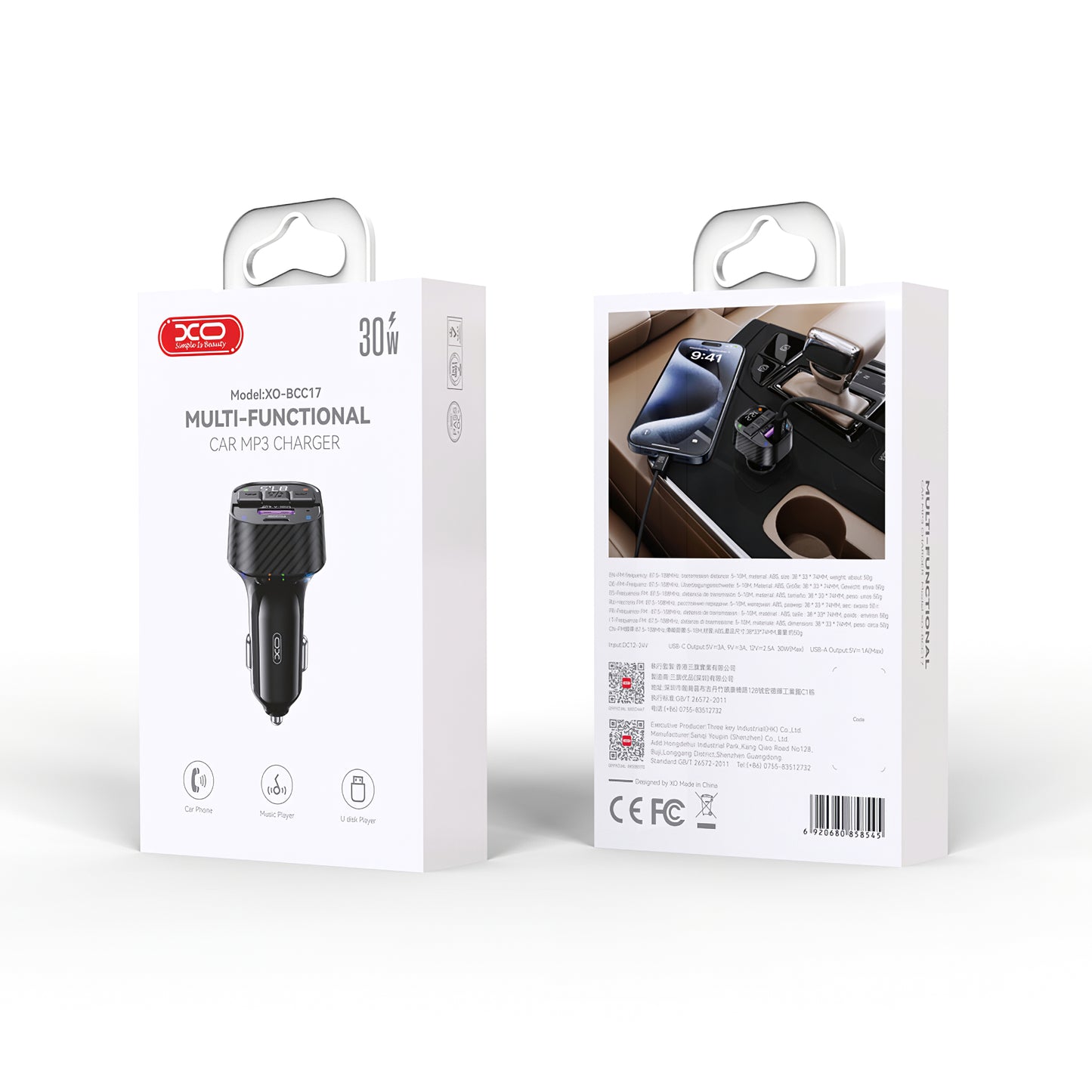 FM Bluetooth modulator XO Design BCC17, 1 x USB-A - 1 x USB-C