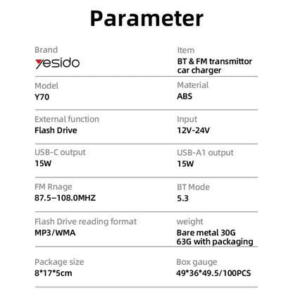 FM Bluetooth modulator Yesido Y70, 2 x USB-A - 1 x USB-C