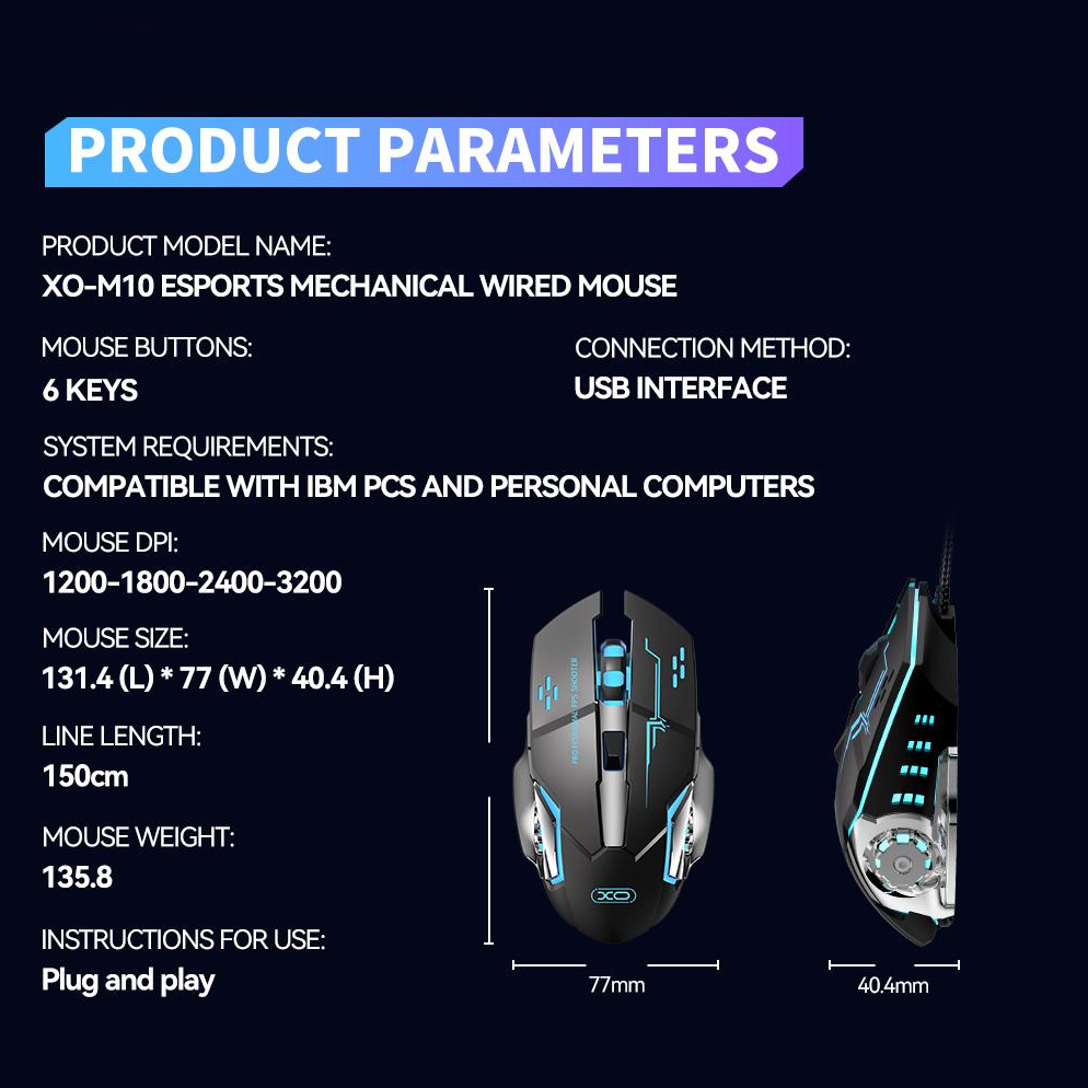 Gaming miš s kabelom USB XO Design M10, RGB, 3200DPI, Crna
