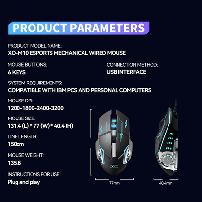 Gaming miš s kabelom USB XO Design M10, RGB, 3200DPI, Crna