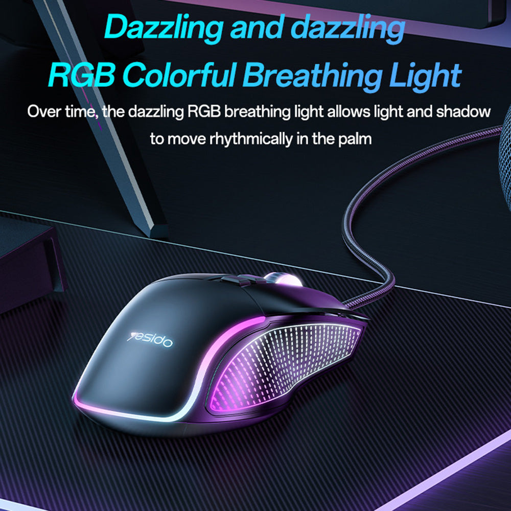 Gaming miš s kabelom USB Yesido KB20, RGB, 1000DPI - 7200DPI, Crni