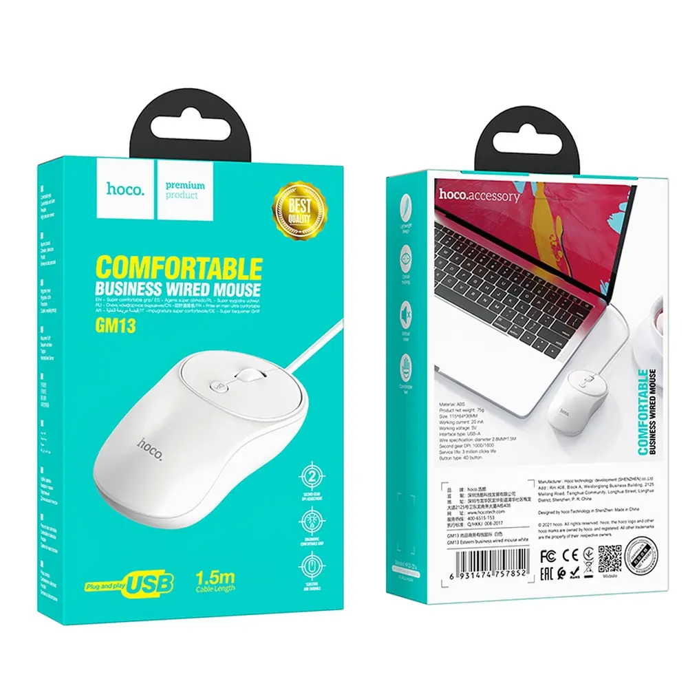 Miš s kabelom USB HOCO GM13, 1600DPI, Bijela