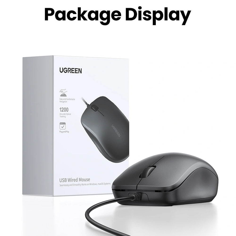 Miš s kabelom USB UGREEN MU007, 1200DPI, 1.5m, Crni