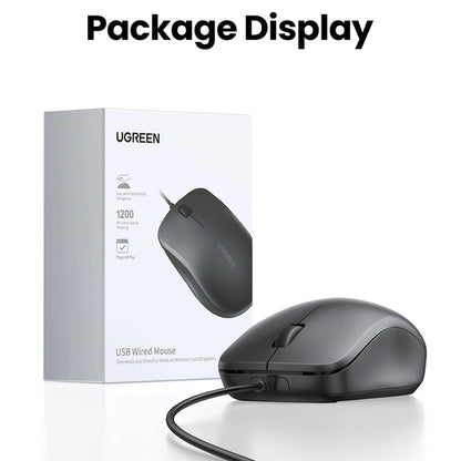 Miš s kabelom USB UGREEN MU007, 1200DPI, 1.5m, Crni